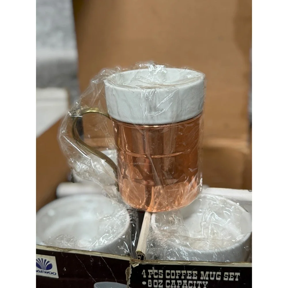 Vintage 70s Copper Coffee Mug Set Daewoo Brass Handle Korea Retro Rustic Barware